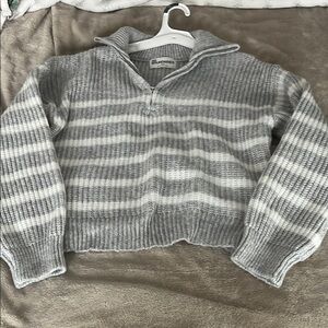 Gray and White Striped Quarter-Zip Sweater